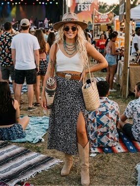 Boho Black & White Floral Midi Skirt with Side Slit | Size Medium